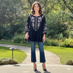 Kyla Seo Maci Blouse Top Black Velvet‎ Embroidered Tassel Boho M Peasant NWT